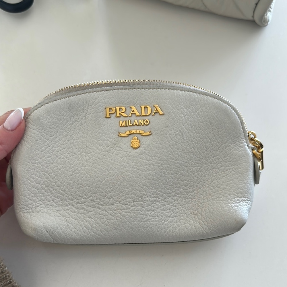Prada Cream Cosmetic Bag Pebbled Leather Gold Logo